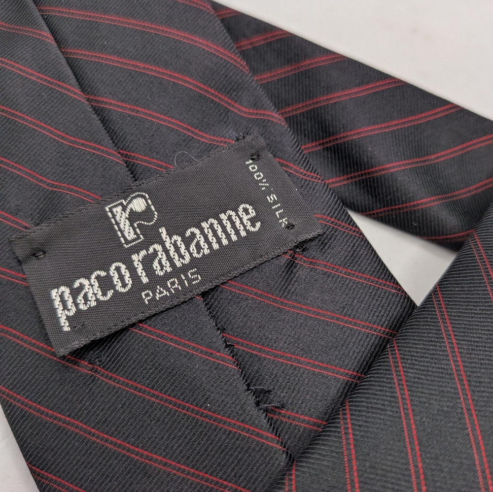 Paco Rabanne 100%  Silk Black Tie with Red Stripes